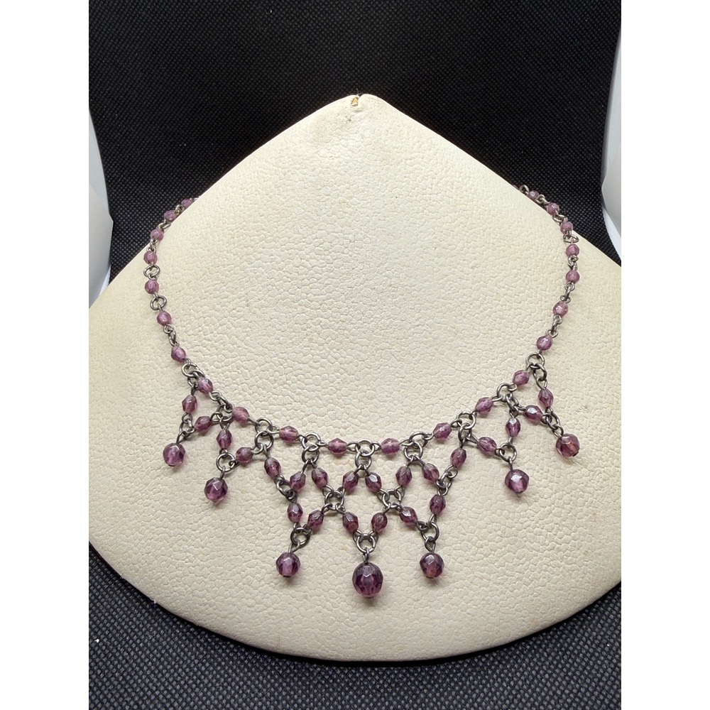 Vintage Style Purple Beaded Bib Necklace Gunmetal Tone Gothic Victorian Fringe